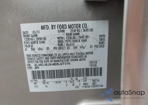 2011 Lincoln Mkx from USA, damaged, VIN 2LMDJ8JK4BBJ27316